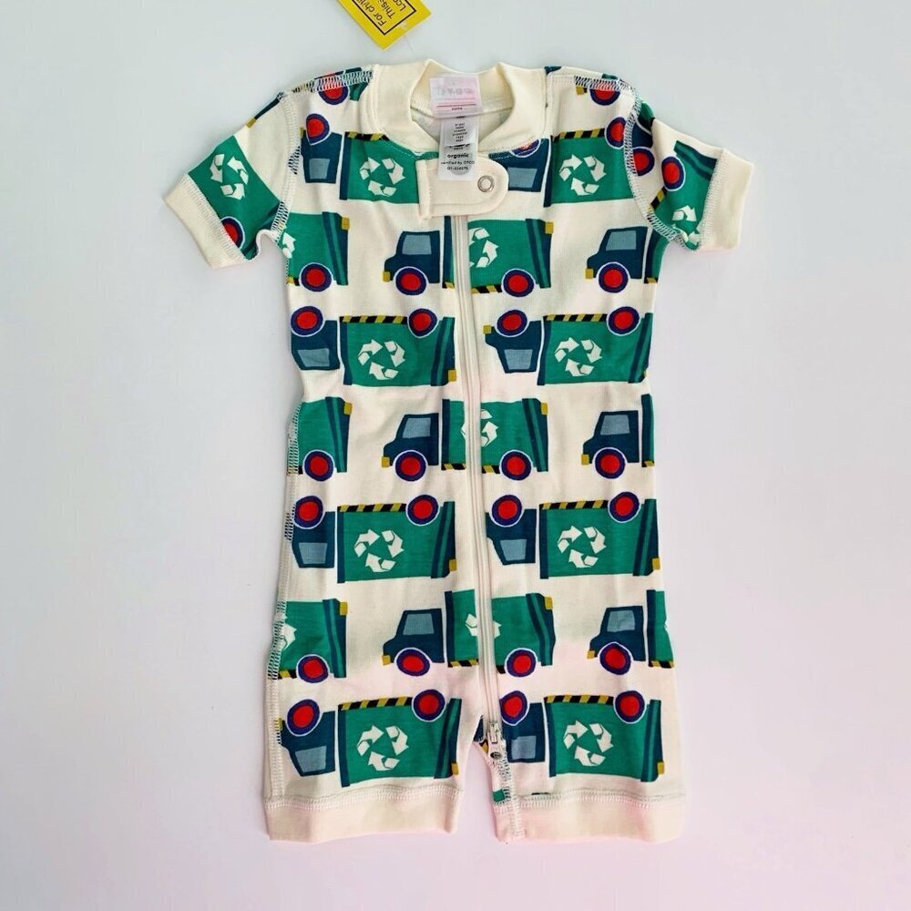 Hanna Andersson Cream Short-Sleeve Zip Romper with Green Recycling Truck Print